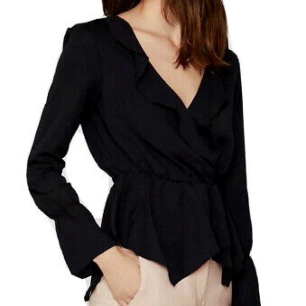 Bcbg Black Ruffled Faux Wrap Top. Medium